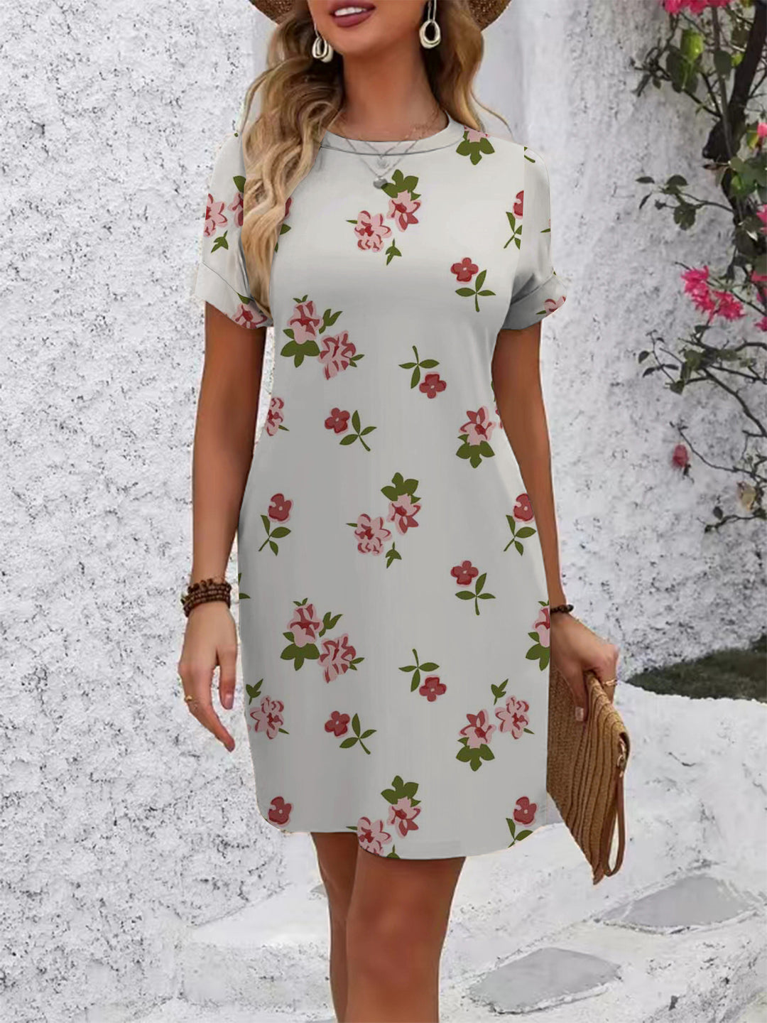 Damen lässiges Kurzarmkleid mit modernem Hahnentrittmuster und bequemer Passform Drune