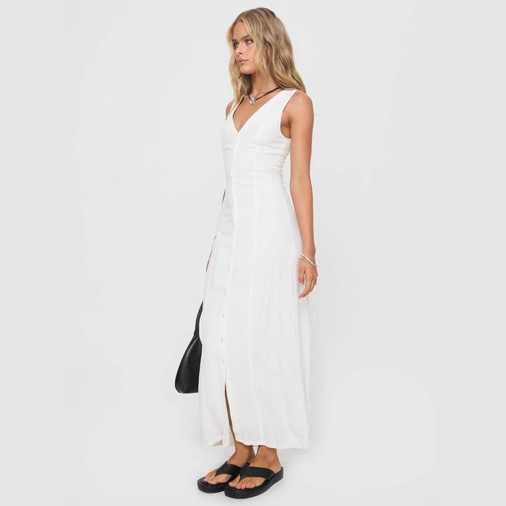 Damen Maxikleid mit knöpfbarem Ausschnitt und figurbetontem Schnitt Drune