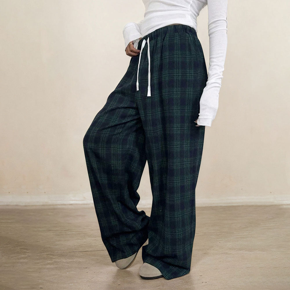 Damen lässige Karohose mit elastischem Bund und verstellbarem Kordelzug Drune