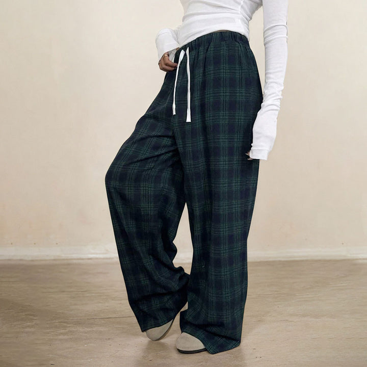Damen lässige Karohose mit elastischem Bund und verstellbarem Kordelzug Drune