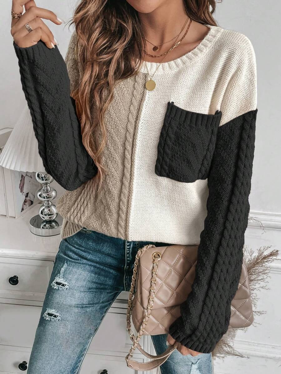 Damen Gemusterter Strickpullover mit bunten Kontrastärmel und Taschen Drune