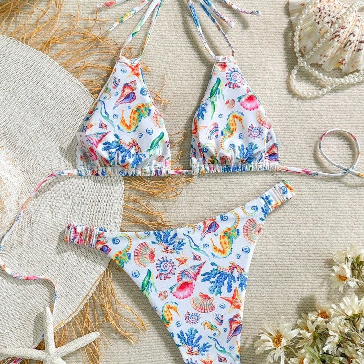 Damen Bikini-Set mit buntem Unterwasser-Motiv und verstellbaren Trägern Drune