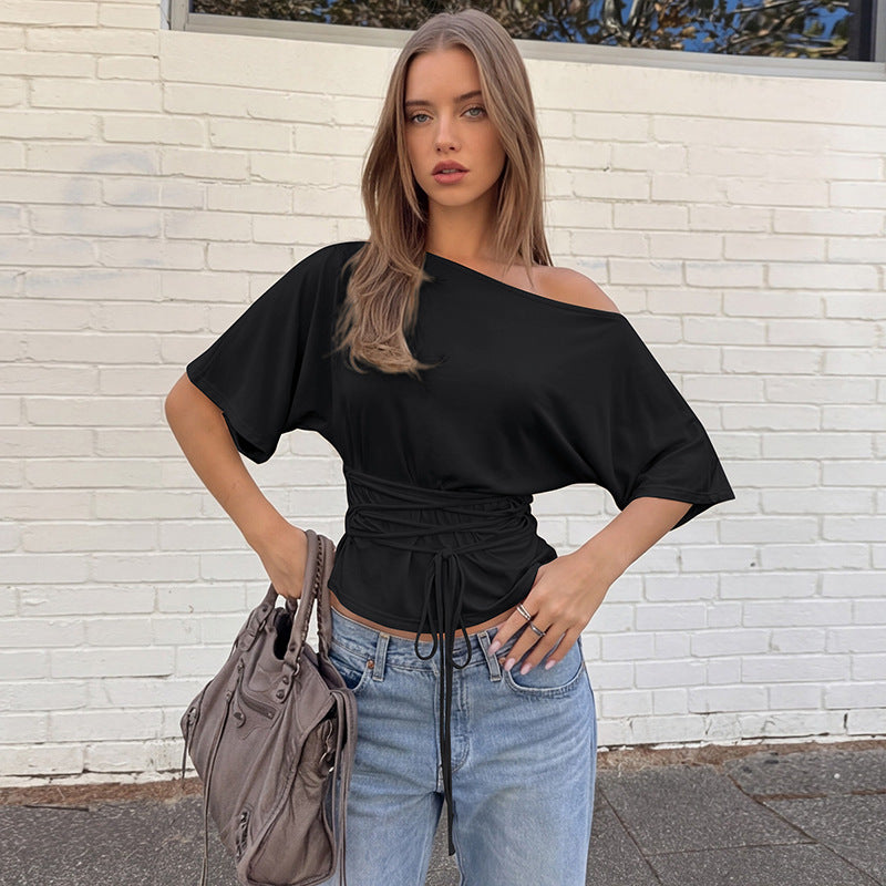 Damen asymmetrisches Crop-Top mit weitem Schnitt und fließenden Ärmeln Drune