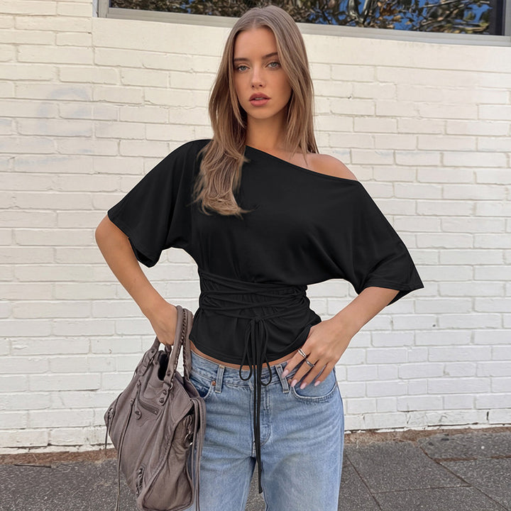 Damen asymmetrisches Crop-Top mit weitem Schnitt und fließenden Ärmeln Drune