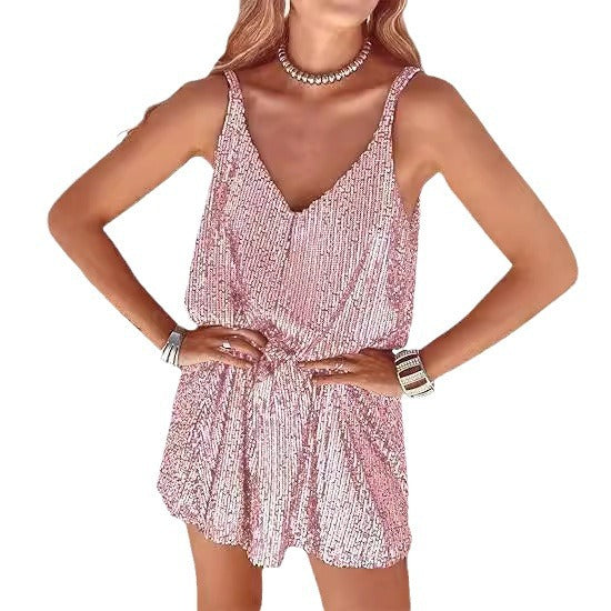 Damen Glitzerndes Jumpsuit mit tiefem V-Ausschnitt und elastischer Taille Drune