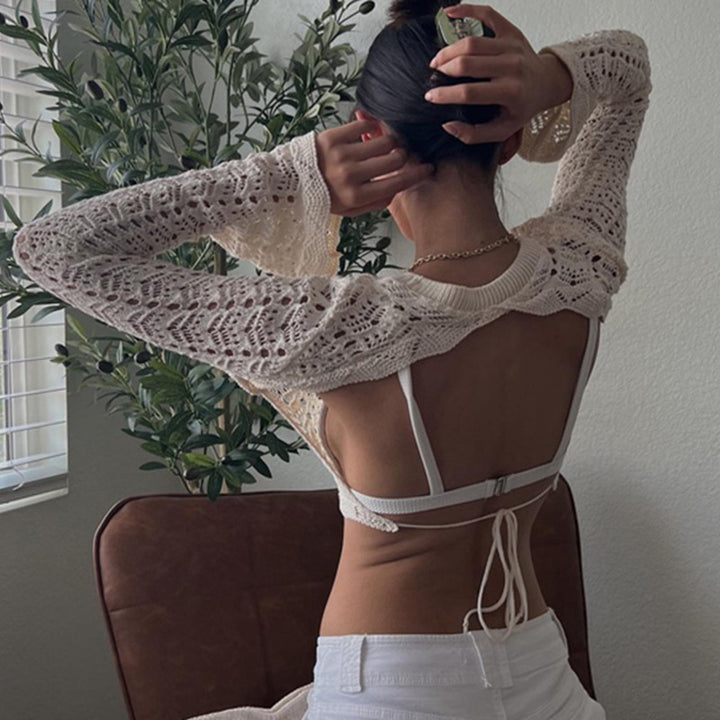 Damen gehäkeltes Crop-Top mit weitem Ärmel und lockerer Passform Drune