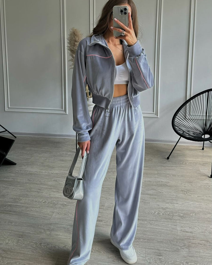 Damen Sportliches Velours-Joggingset mit hohem Kragen und Reißverschluss Drune