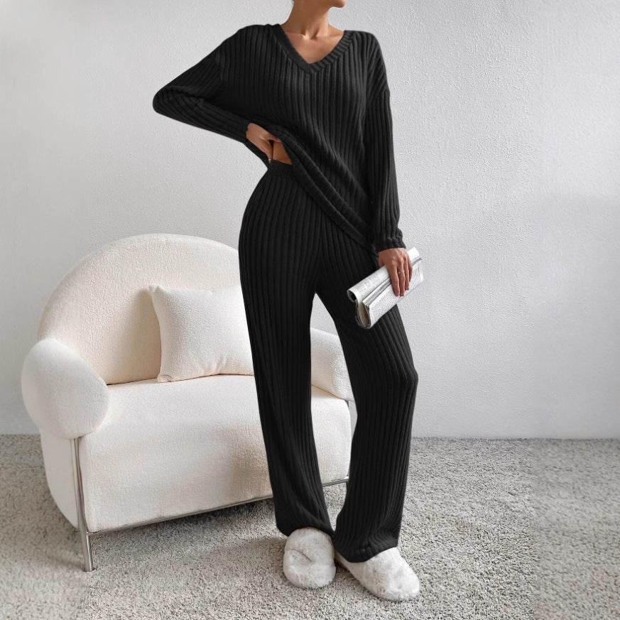 Damen bequemer Strickanzug aus hochwertigem Baumwollmix mit modernem Rippenmuster Drune