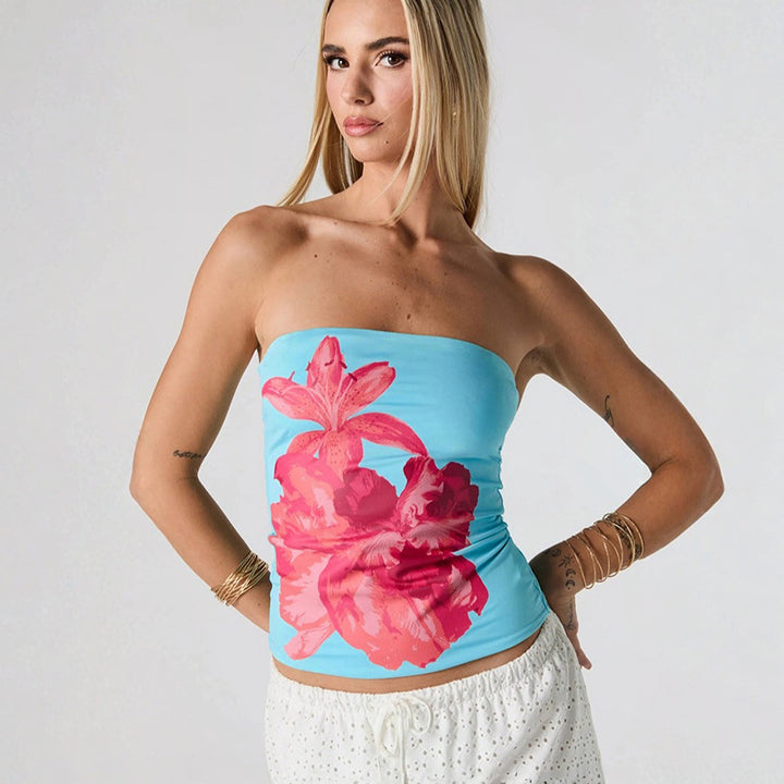 Damen Bandeau-Oberteil mit floralem Design und elastischem Stoff Drune