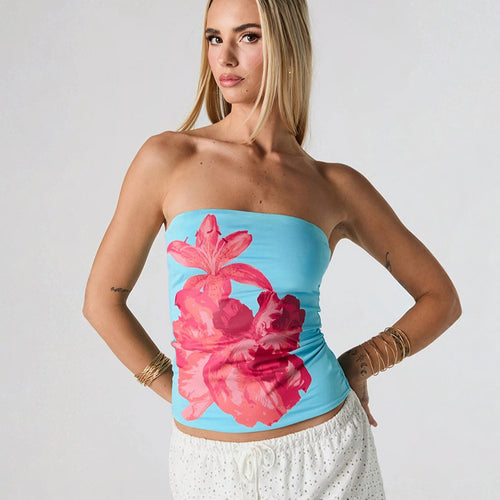 Damen Bandeau-Oberteil mit floralem Design und elastischem Stoff Drune