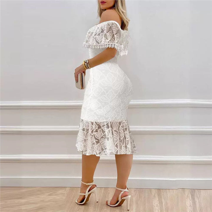 Damen Off-Shoulder Spitzenkleid mit voluminösem Saum Drune