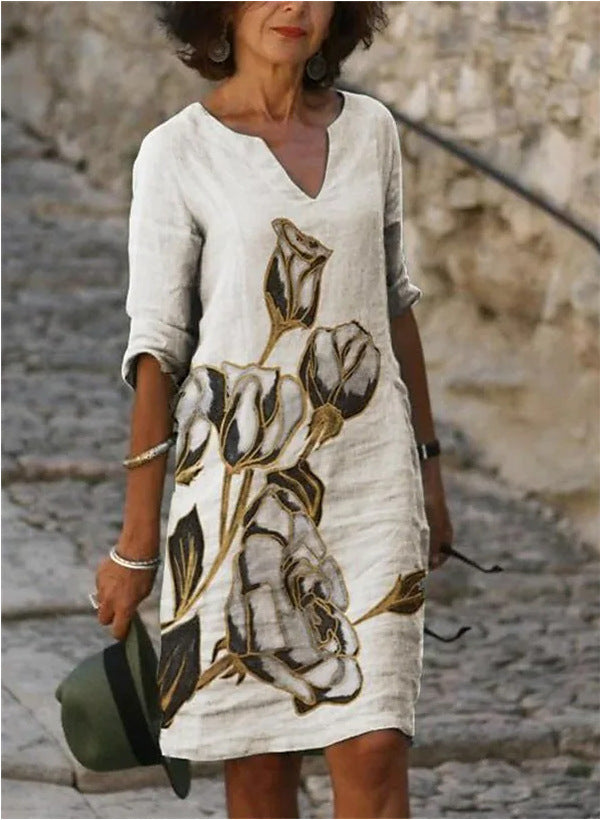 Damen Freizeitkleid mit floralem Design und V-Ausschnitt Drune