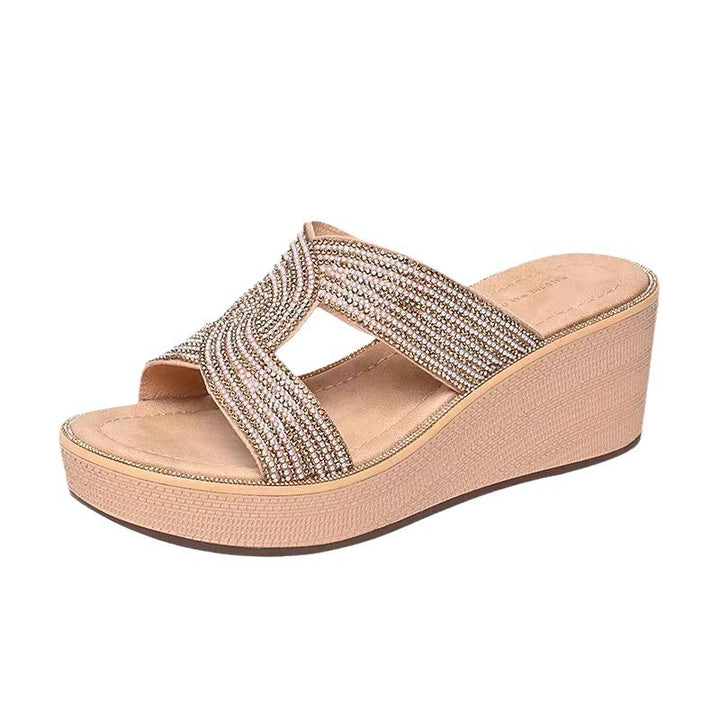 Damen nan glamouröse Plateau-Slipper mit überkreuzten Strassbändern und ergonomischem Komfortfußbett Drune