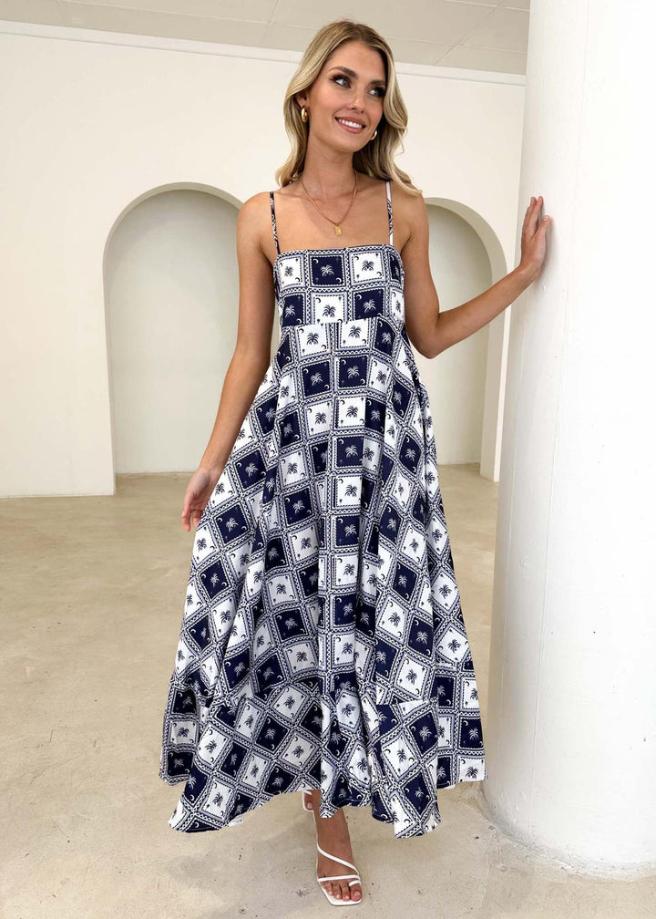 Damen Maxikleid mit modernen grafischen Mustern und dünnen Trägern Drune
