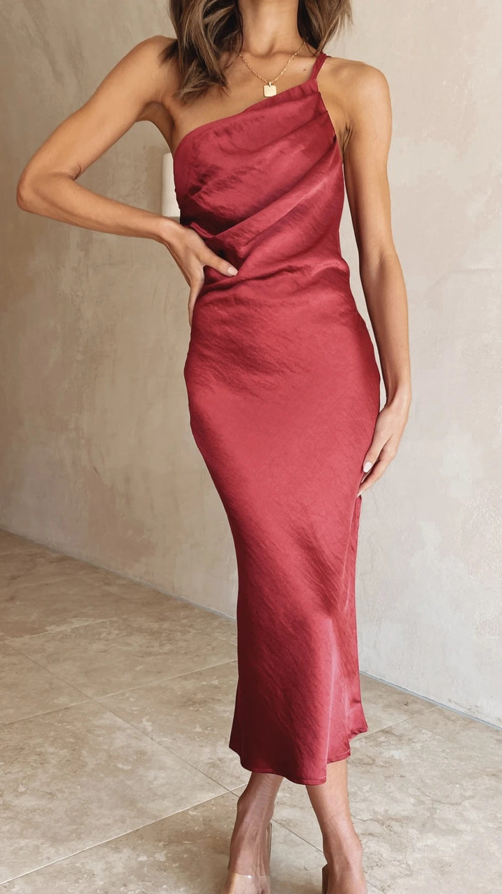 Damen Satin-Midikleid mit asymmetrischem Schnitt und elegantem Flair Drune
