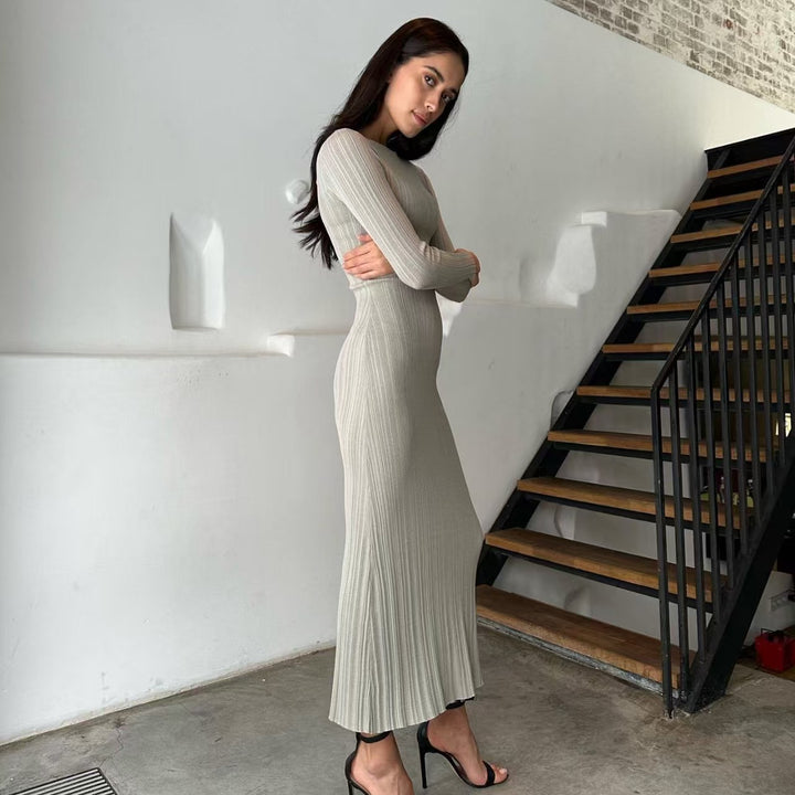 Damen Elegantes Rippstrick-Maxikleid mit langen Ärmeln und figurbetontem Schnitt Drune