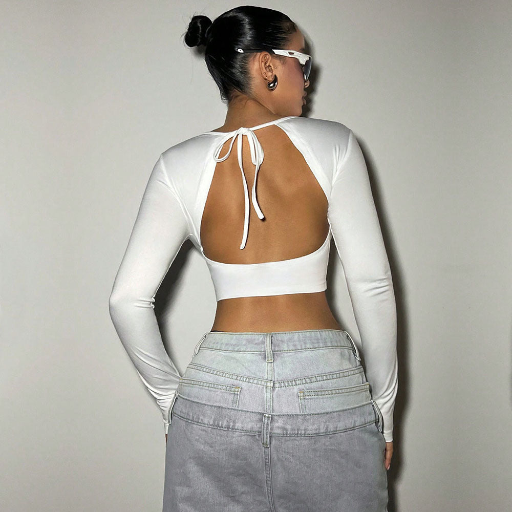 Damen cropped Langarmtop mit tiefem V-Ausschnitt und dekorativer Schnalle Drune