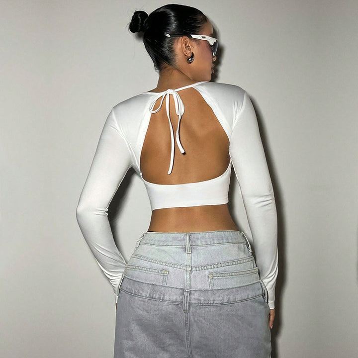 Damen cropped Langarmtop mit tiefem V-Ausschnitt und dekorativer Schnalle Drune