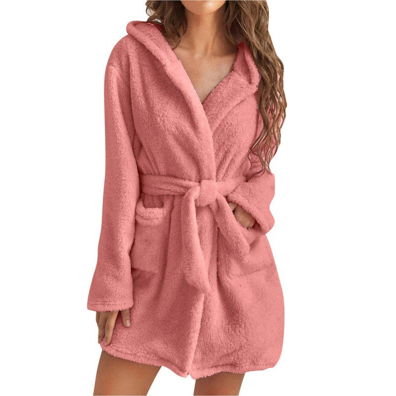 Damen Kuscheliger Fleece-Bademantel mit Kapuze und Taillengürtel Drune