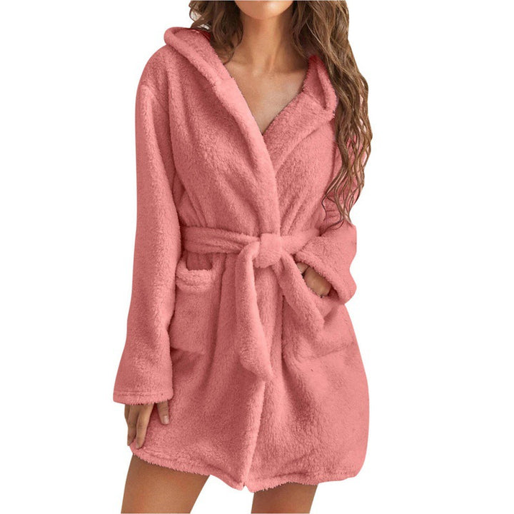 Damen Kuscheliger Fleece-Bademantel mit Kapuze und Taillengürtel Drune