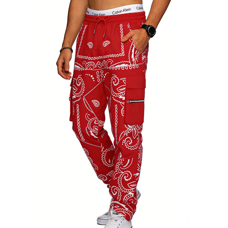 Herren nan Cargo-Jogginghose mit Paisley-Muster, elastischem Bund, multiple Reißverschluss- und Klappentaschen Drune