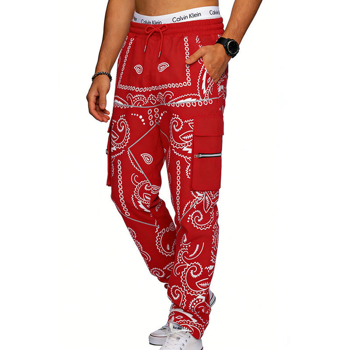 Herren nan Cargo-Jogginghose mit Paisley-Muster, elastischem Bund, multiple Reißverschluss- und Klappentaschen Drune