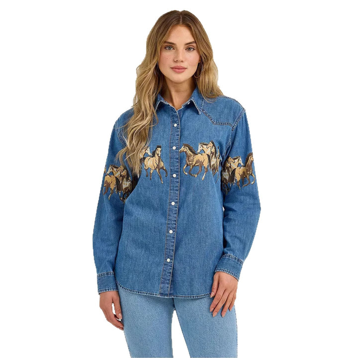 Damen Jeanshemd mit kreativem Pferdemotiv und hochwertiger Baumwollmischung Drune