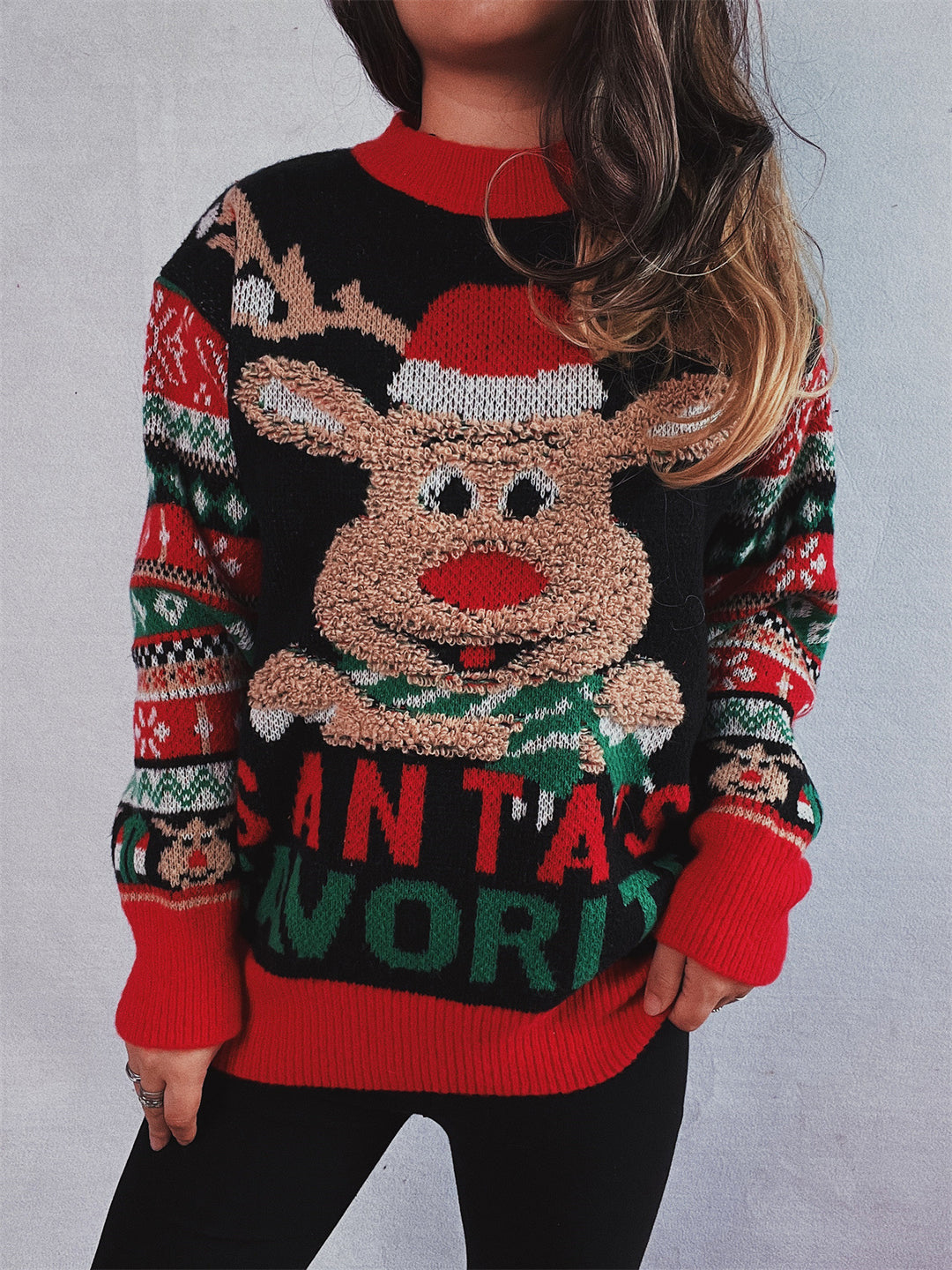 Damen Weihnachtspullover mit festlichem Rentier-Motiv und kunterbunten Strickdetails Drune