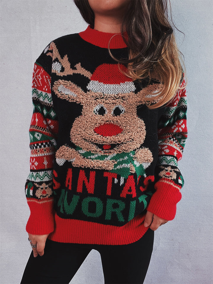 Damen Weihnachtspullover mit festlichem Rentier-Motiv und kunterbunten Strickdetails Drune