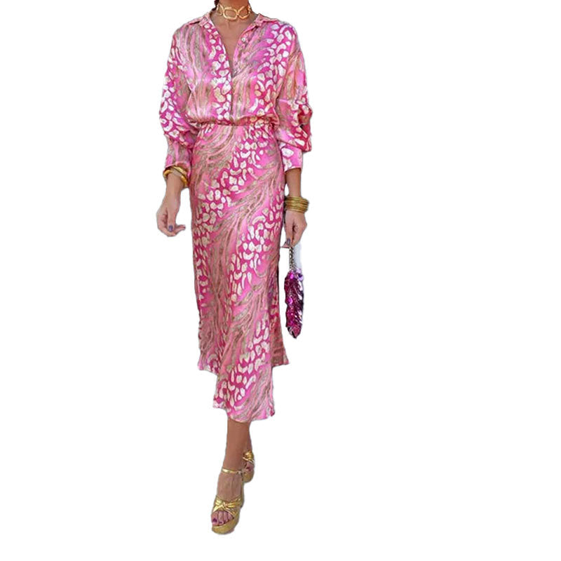 Damen seidiges Maxikleid mit elegantem Wickel-Design und schimmerndem Muster Drune