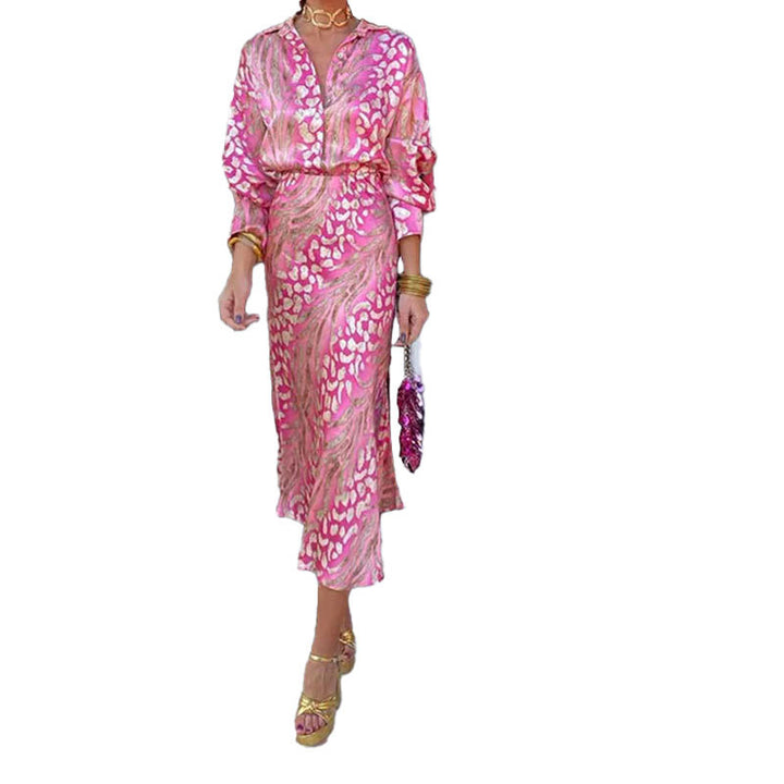 Damen seidiges Maxikleid mit elegantem Wickel-Design und schimmerndem Muster Drune