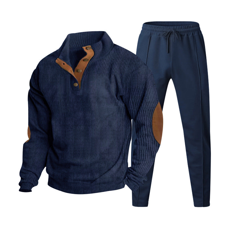 Herren nan gerippter Henley-Freizeitanzug mit dekorativer Knopfleiste und Wildleder-Ellenbogenpatch konisch geschnittene Jogginghose Drune