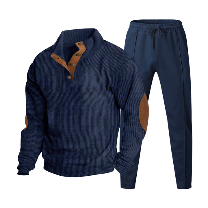 Herren nan gerippter Henley-Freizeitanzug mit dekorativer Knopfleiste und Wildleder-Ellenbogenpatch konisch geschnittene Jogginghose Drune