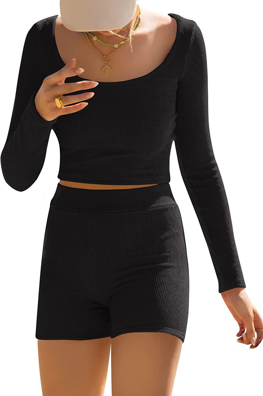 Damen modisches Crop-Top und Shorts-Set mit langen Ärmeln Drune