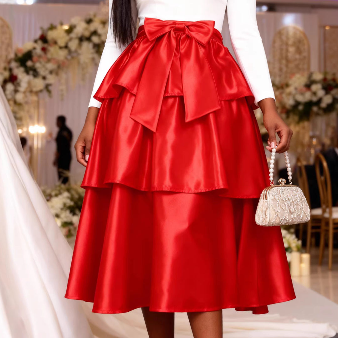 Damen Eleganter voluminöser Rock mit Rüschendetails und Taillengürtel Drune