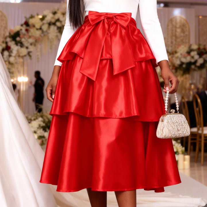 Damen Eleganter voluminöser Rock mit Rüschendetails und Taillengürtel Drune