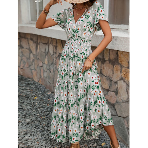 Damen Maxikleid mit floralem Design und elastischem Taillenbund Drune