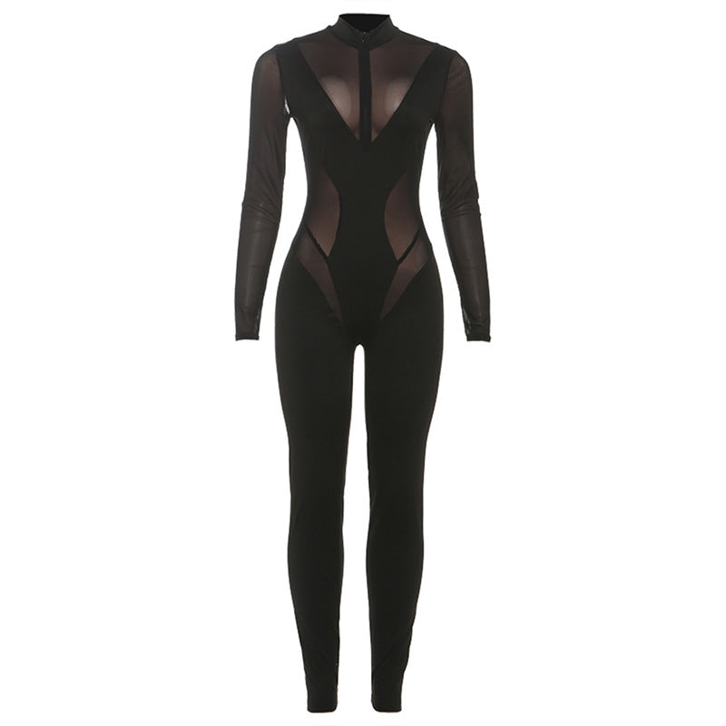 Damen Eleganter Catsuit mit transparenten Einsätzen und hohem Kragen Drune