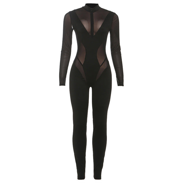 Damen Eleganter Catsuit mit transparenten Einsätzen und hohem Kragen Drune