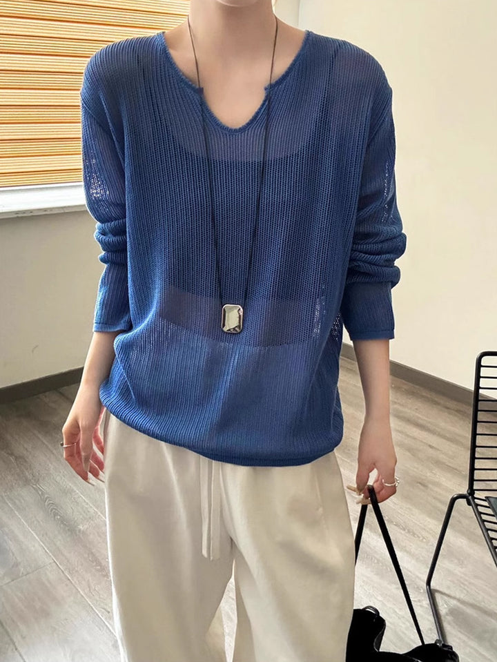Damen luftiger Strickpullover mit V-Ausschnitt und lässigem Schnitt Drune