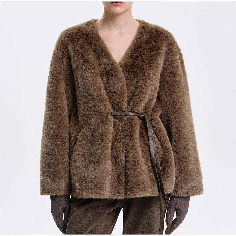 Damen Kuschelige Kunstfelljacke mit Gürtel Drune