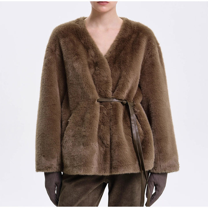 Damen Kuschelige Kunstfelljacke mit Gürtel Drune