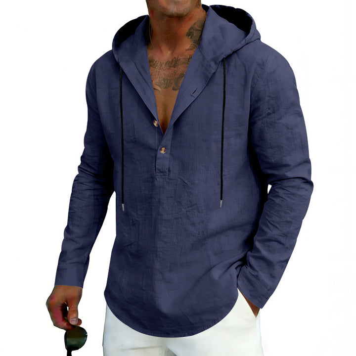 Herren nan Leinen-Henley-Kapuzenhemd mit kurzer Knopfleiste, Kapuze und relaxtem Schnitt Drune