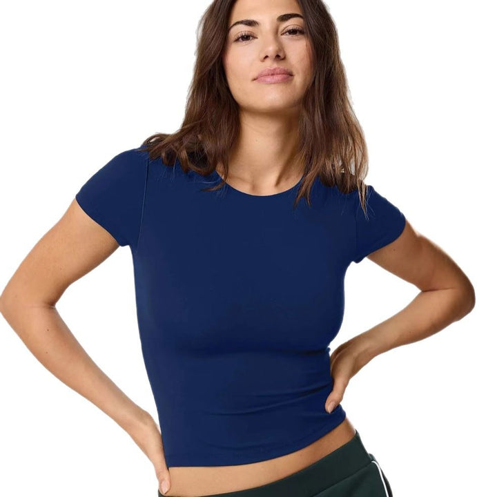Damen figurbetontes Kurzarmshirt aus elastischem Baumwollmix mit Rundhalsausschnitt und nahtlosem Design Drune