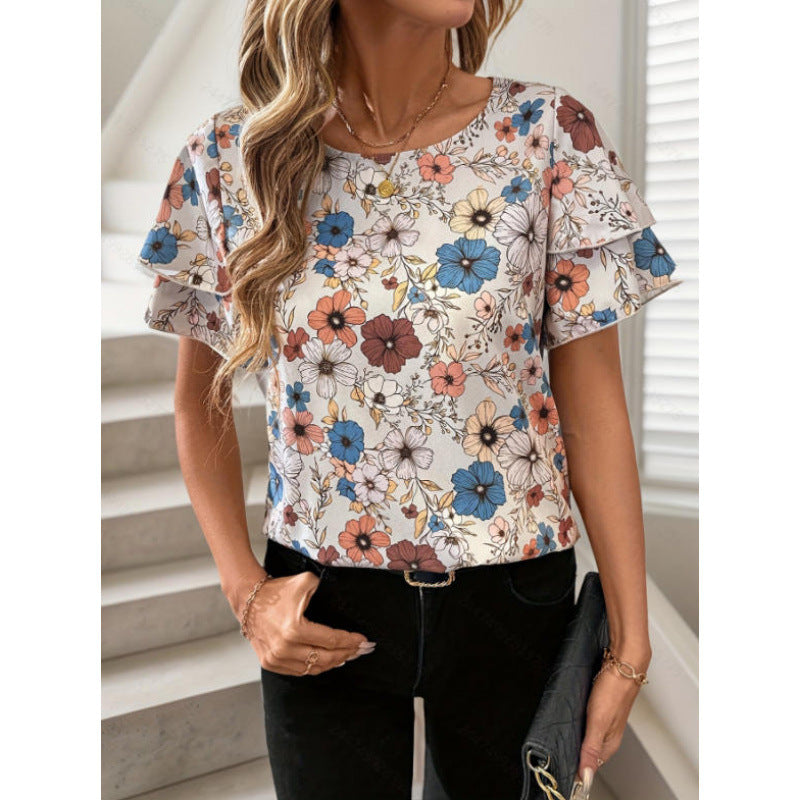 Damen Kurzarm-Bluse mit Volant und floralem Muster Drune
