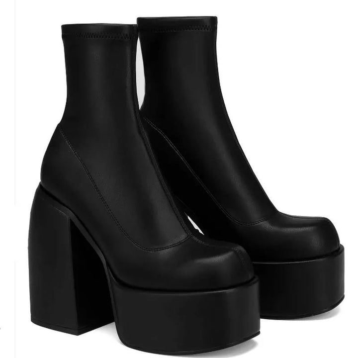 Damen nan Plateau-Stiefelette mit hohem Blockabsatz, nahtlosem Stretchschaft und robuster Laufsohle Drune