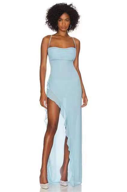 Damen elegantes Maxi-Kleid mit verführerischem Scherenschnitt und trägerlosem Design Drune