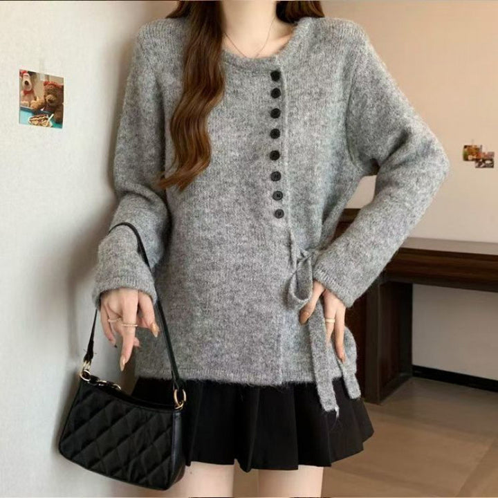 Damen stilvolle Strickjacke mit modischen Knopfdetails und Bindegürtel Drune