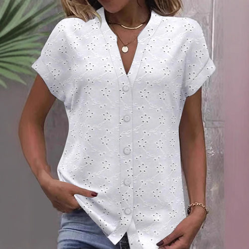 Damen luftige Bluse mit floralen Lochstickereien und durchgehender Knopfleiste Drune