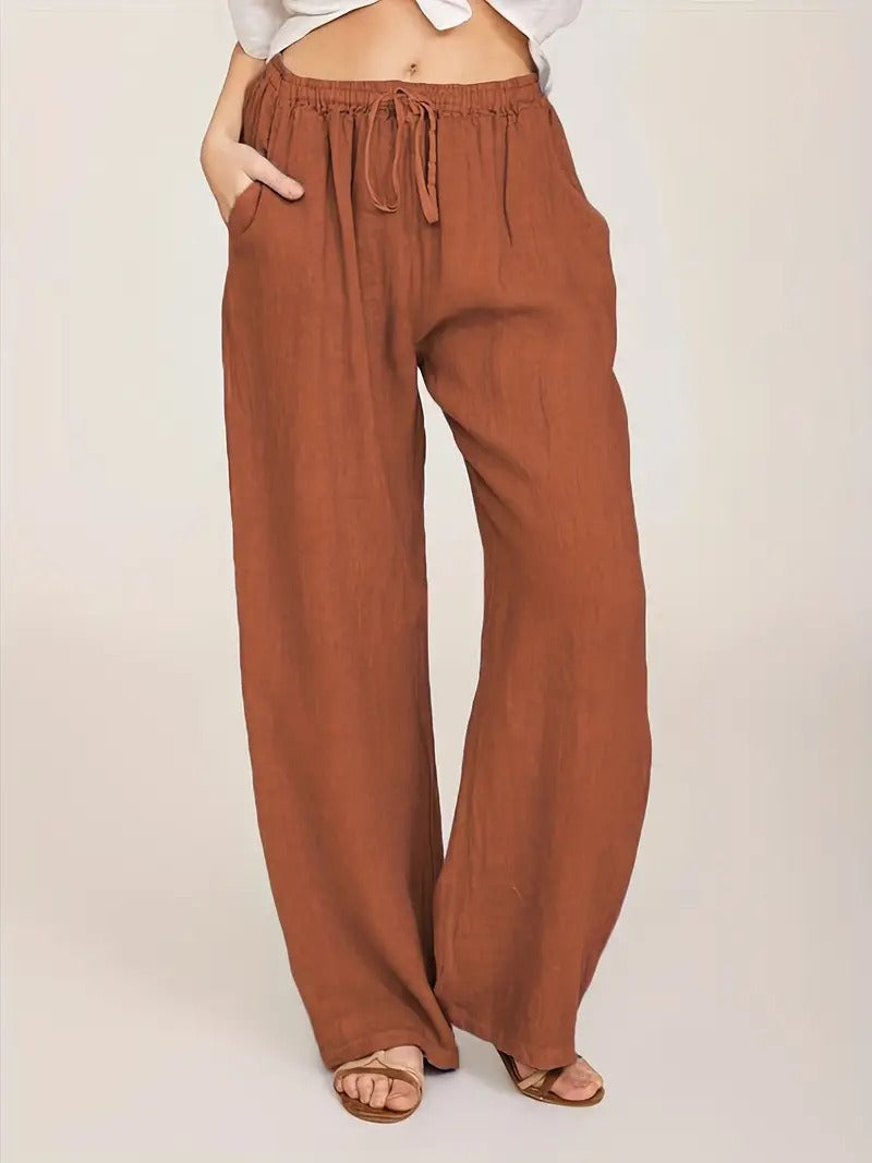 Damen Weite Leinenhose mit elastischem Taillenbund und seitlichen Eingrifftaschen Drune